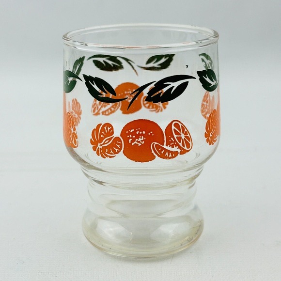 Vintage Anchor Hocking Oranges Footed Juice Glass Green Leaf‎ Border - Picture 1 of 5